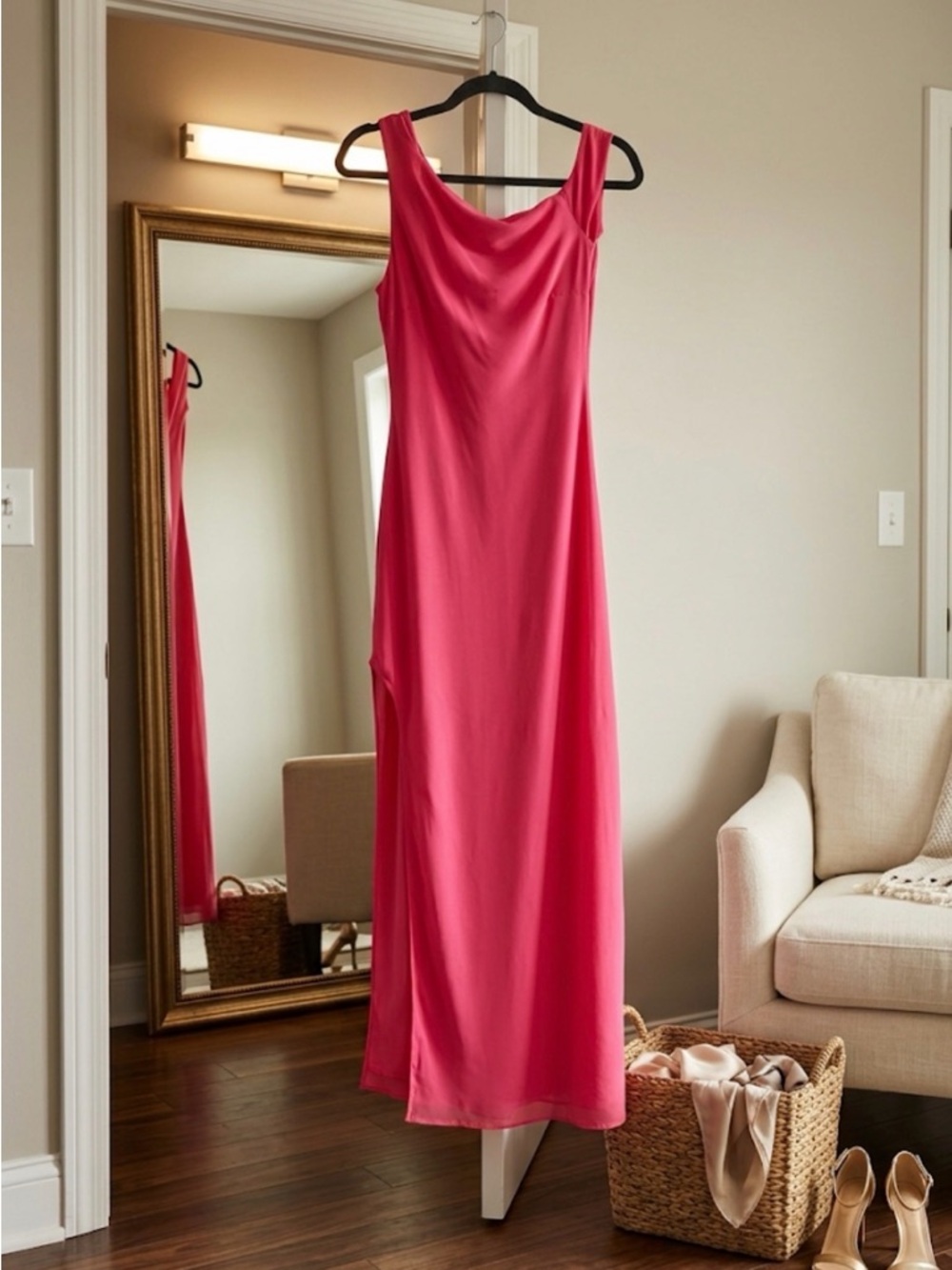 Asymmetrical Pink Maxi Dress with Draped Neckline